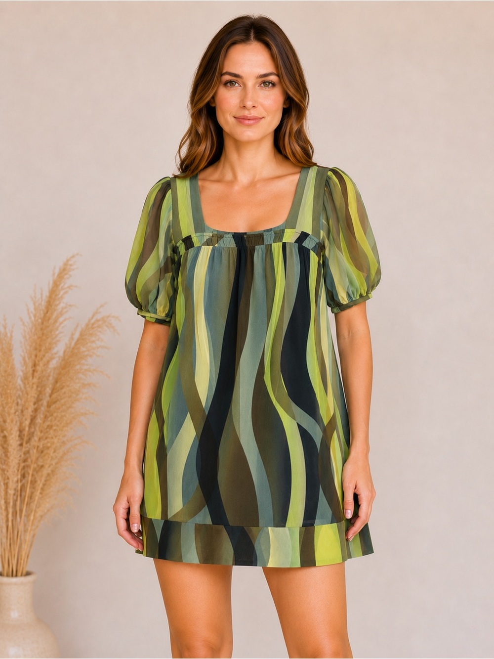 Weston Wear Dress Large Green Brown Lined Sheer Puff Sleeve Anthropologie USA L